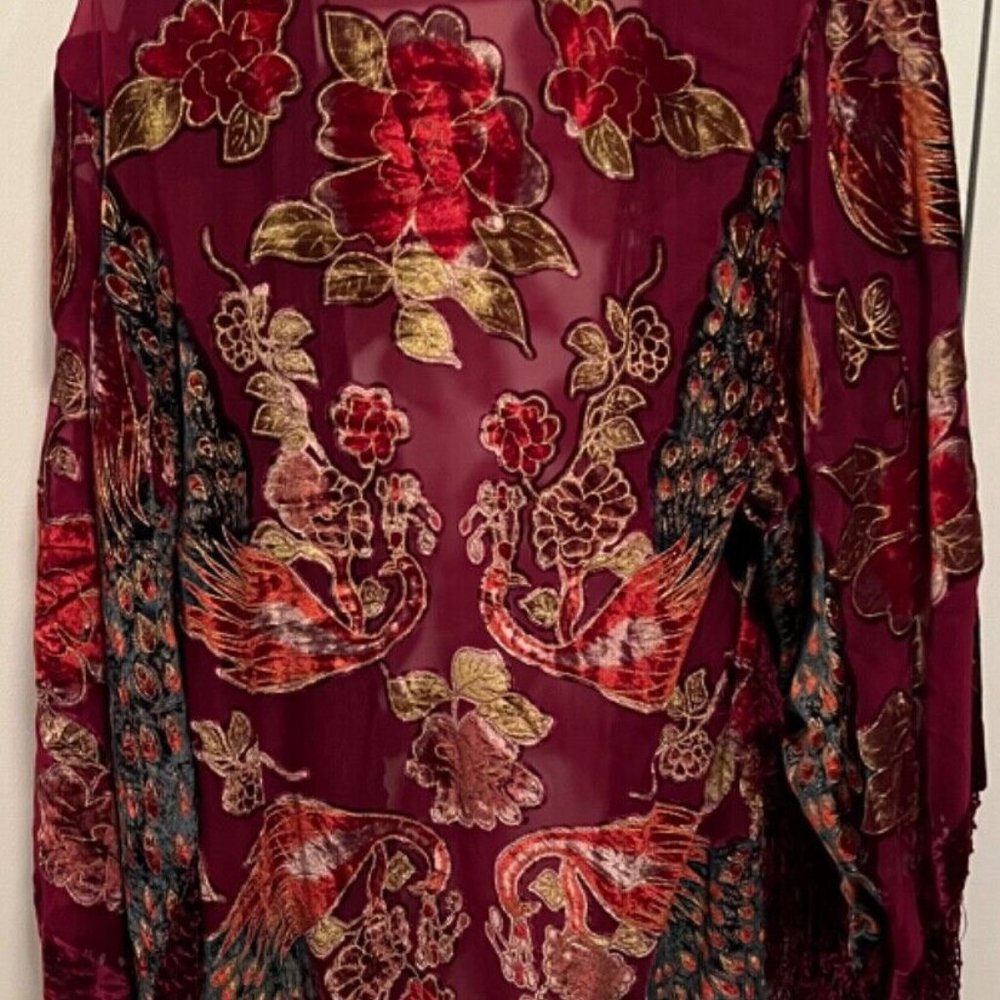 Peacock Hand-beaded Kimono Wine Silk Burnout Velvet One Size Goddess Robe